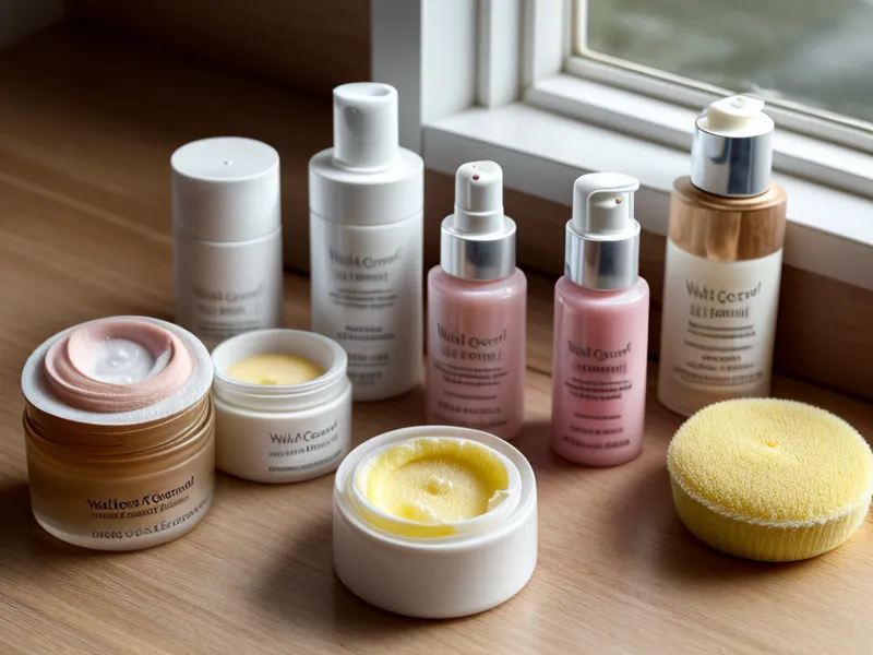 Productos de preparación de piel como suero y crema hidratante sobre un tocador