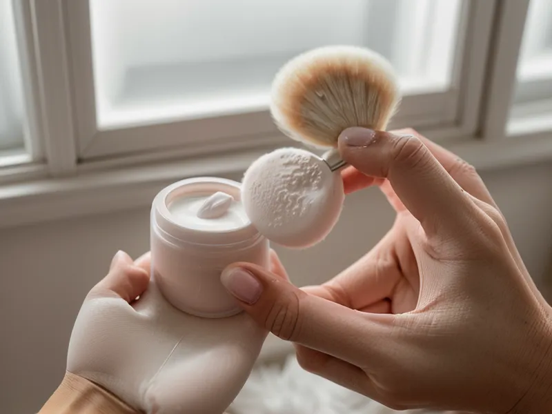 Primer plano de polvo traslúcido y brocha de maquillaje profesional