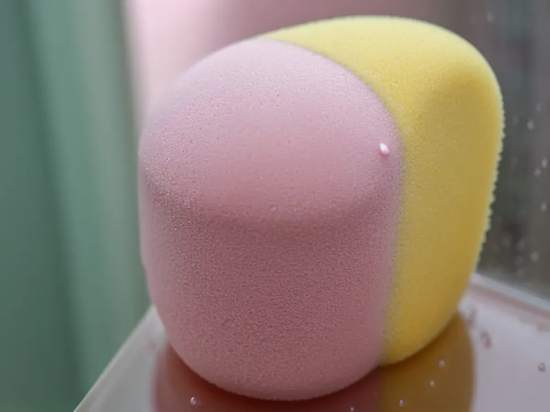 Esponja de maquillaje aplicando base líquida en una paleta de mezcla