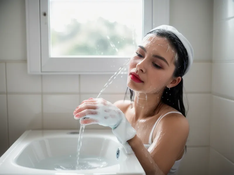 Enjuague con agua tibia emulsionando el limpiador facial suavemente sin frotar