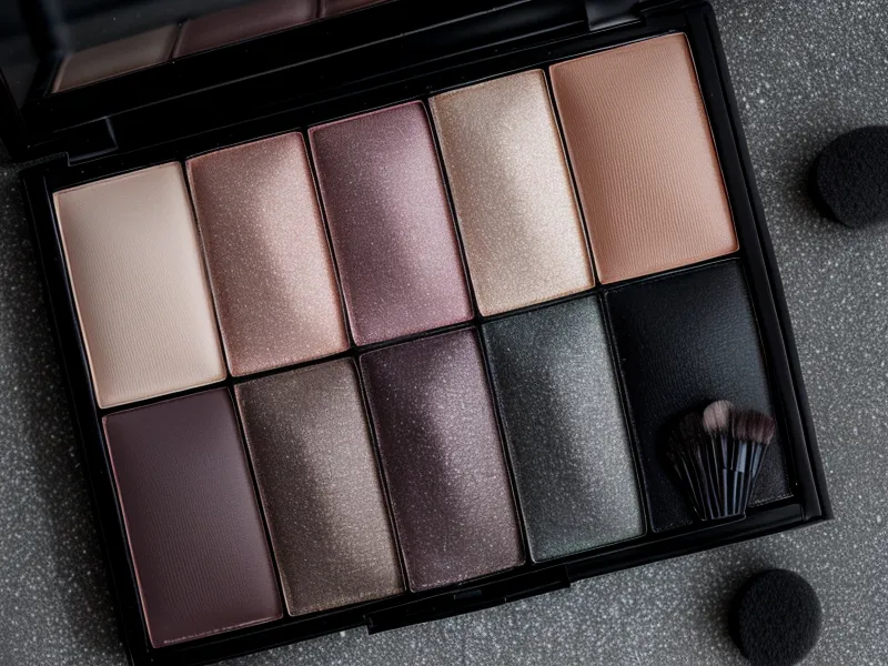 Paleta de sombras oscuras y brocha para difuminar en un ambiente casero
