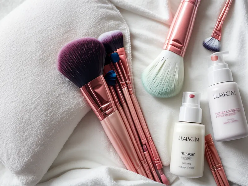 Set de brochas de maquillaje profesionales y spray fijador sobre una mesa