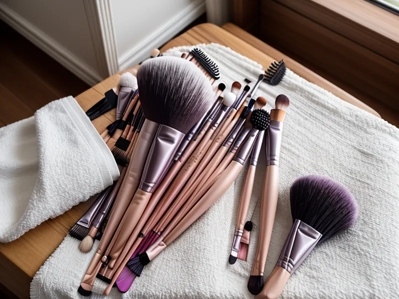 Set de 12 brochas profesionales de maquillaje junto a un celular con tutorial