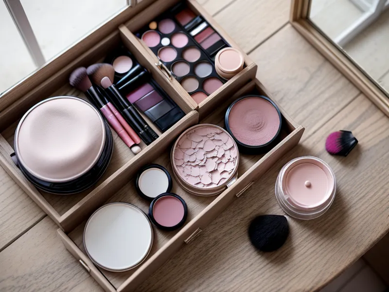 Brocha de maquillaje y sombras en tonos cálidos para un maquillaje social que resista la luz cálida del teatro