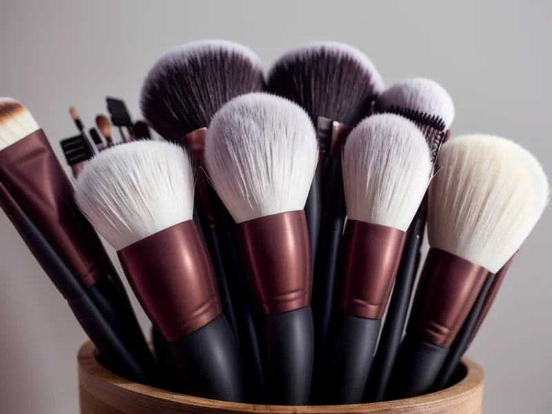Set de 12 brochas profesionales de maquillaje sobre madera