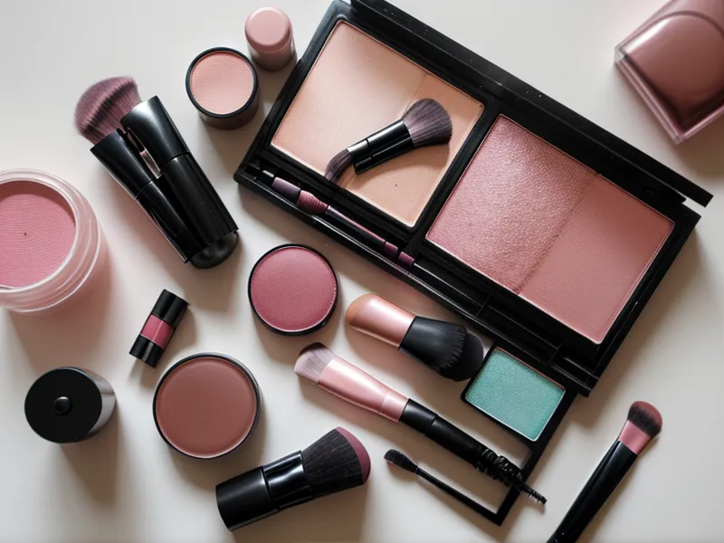 Mano difuminando sombras oscuras en una paleta de maquillaje