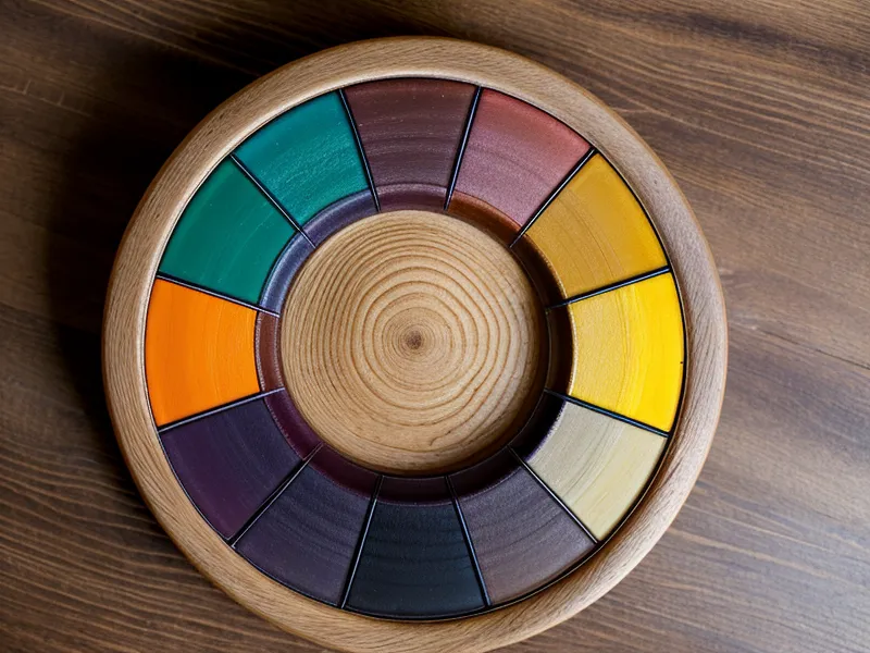 Círculo cromático junto a brochas de maquillaje explicando colores complementarios