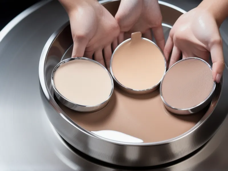 Manos mezclando base de maquillaje líquida en una paleta de acero inoxidable