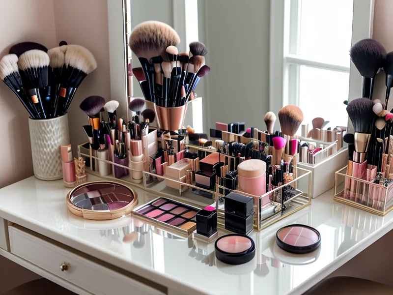 Calculadora y recibos de salón de belleza junto a una paleta de sombras.