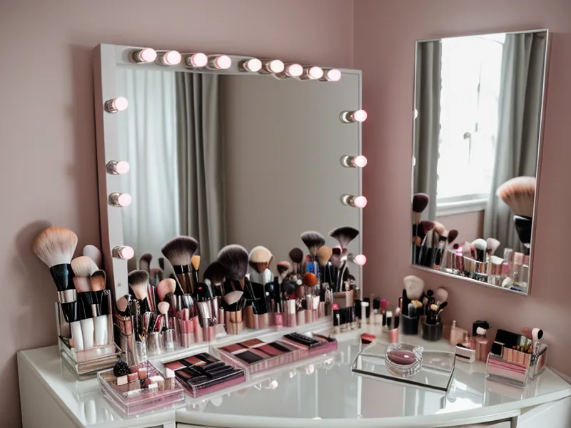 Esponja de maquillaje y barra de contorno en un tocador iluminado