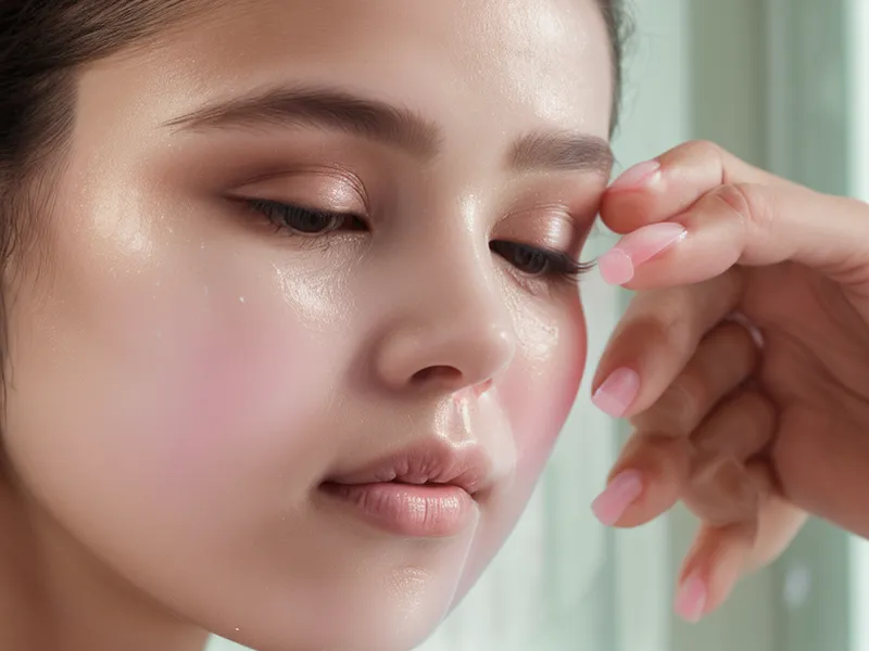 Piel traslúcida y primer aplicado en la mejilla para maquillaje de noche natural